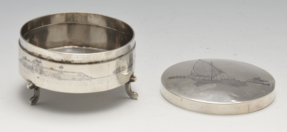 A white metal trinket box of circular form raised on three scroll feet, and five similar napkin - Image 2 of 15