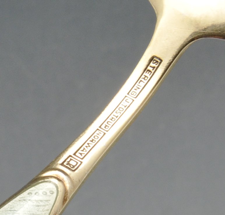 A Norwegian silver-gilt and enamel three-prong fork and spoon, having oval panels of pale green - Image 2 of 4