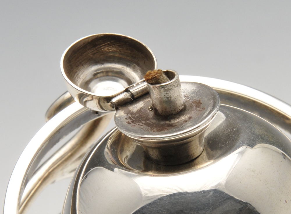 An Edwardian silver novelty table lighter, the central globe with domed, hinged lid and gimbal - Image 2 of 3