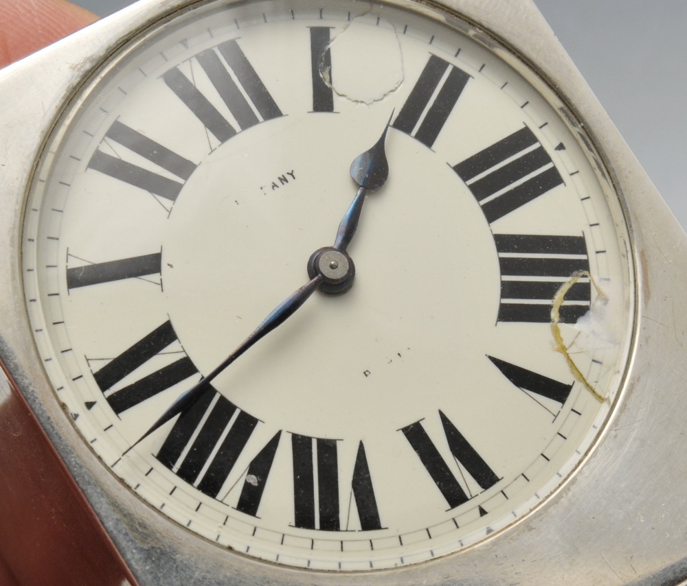 A French silver cased bedside clock, the white enamel dial signed Tiffany Paris, with black Roman - Image 4 of 5