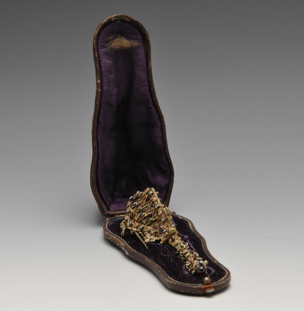 A nineteenth century cased gilt posy holder, the tapered interlaced openwork body with trefoil