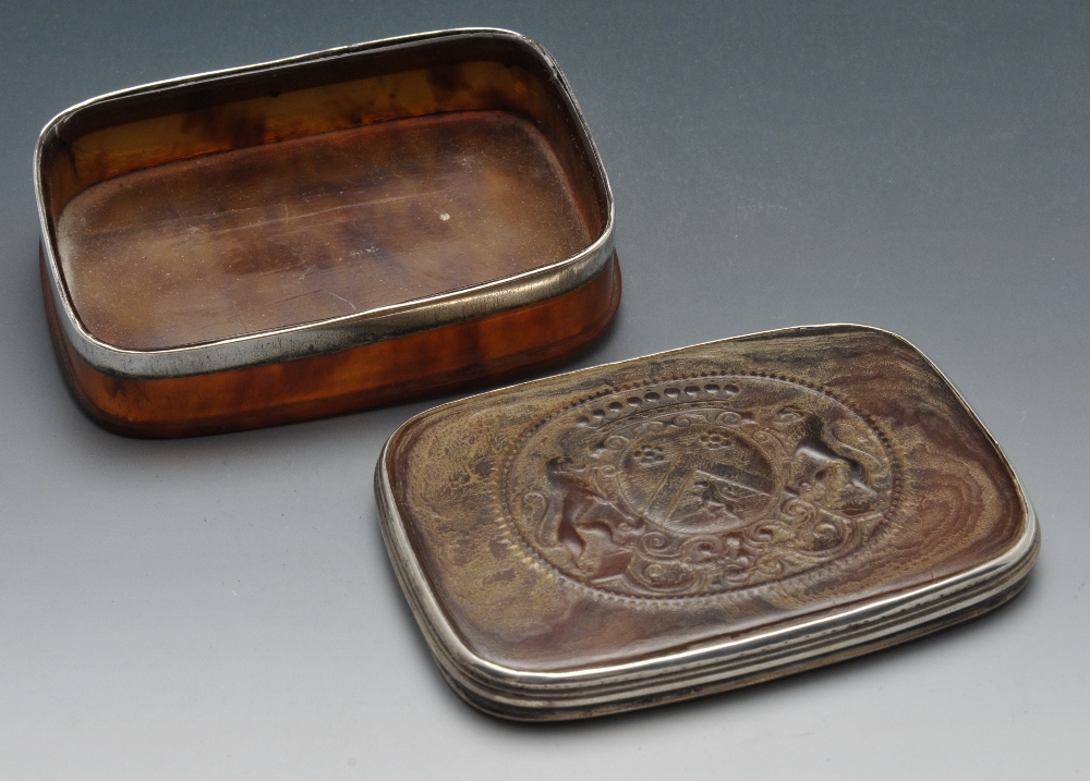 A tortoiseshell box of oblong form with armorial to the detachable cover within white metal reeded - Image 2 of 4