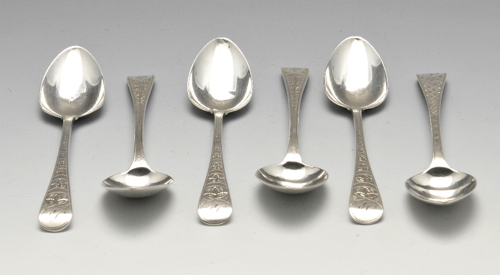 A set of six George III silver Old English teaspoons with bright-cut foliate stems and initialled