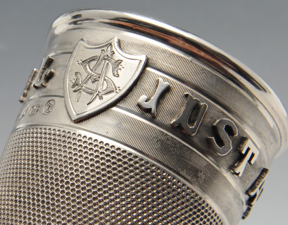 A cased Victorian silver novelty shot cup modelled as a thimble, with raised lettering 'Just a - Image 3 of 6