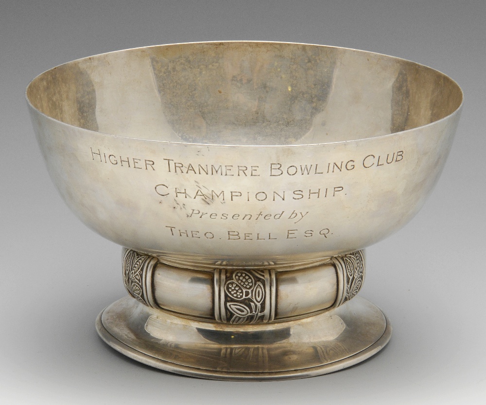A 1930's silver presentation bowl, the circular body with inscription, standing on a bulbous stem