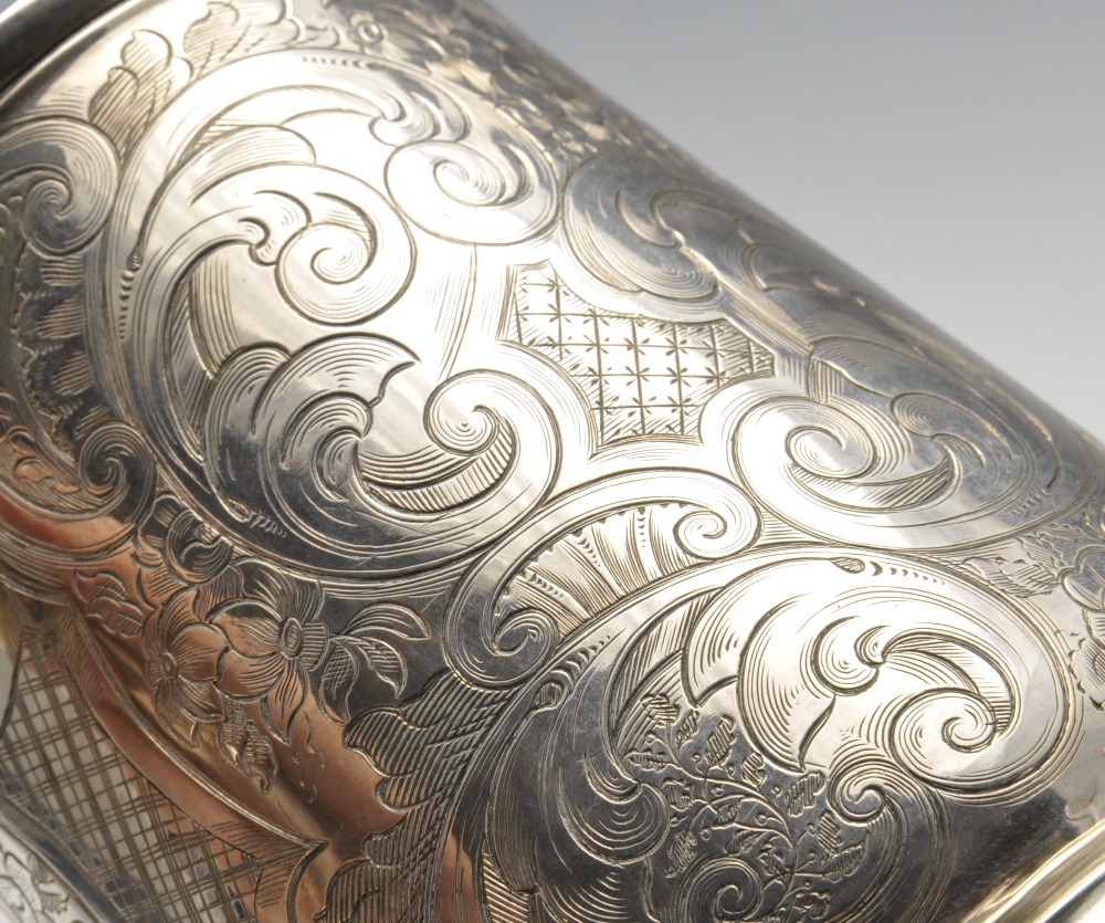 A George II silver mug, the tapered body with later floral scroll and scenic engraving surrounding - Image 4 of 5