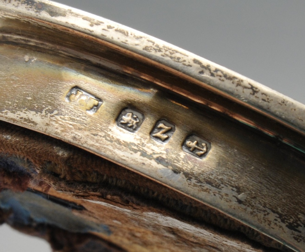 A late Victorian miniature silver photograph frame, the oval form inlaid with hardstones and - Image 3 of 4