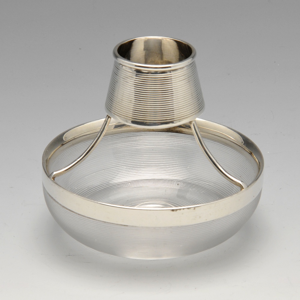 A late Victorian silver mounted and glass match strike, the circular glass dish rising to a