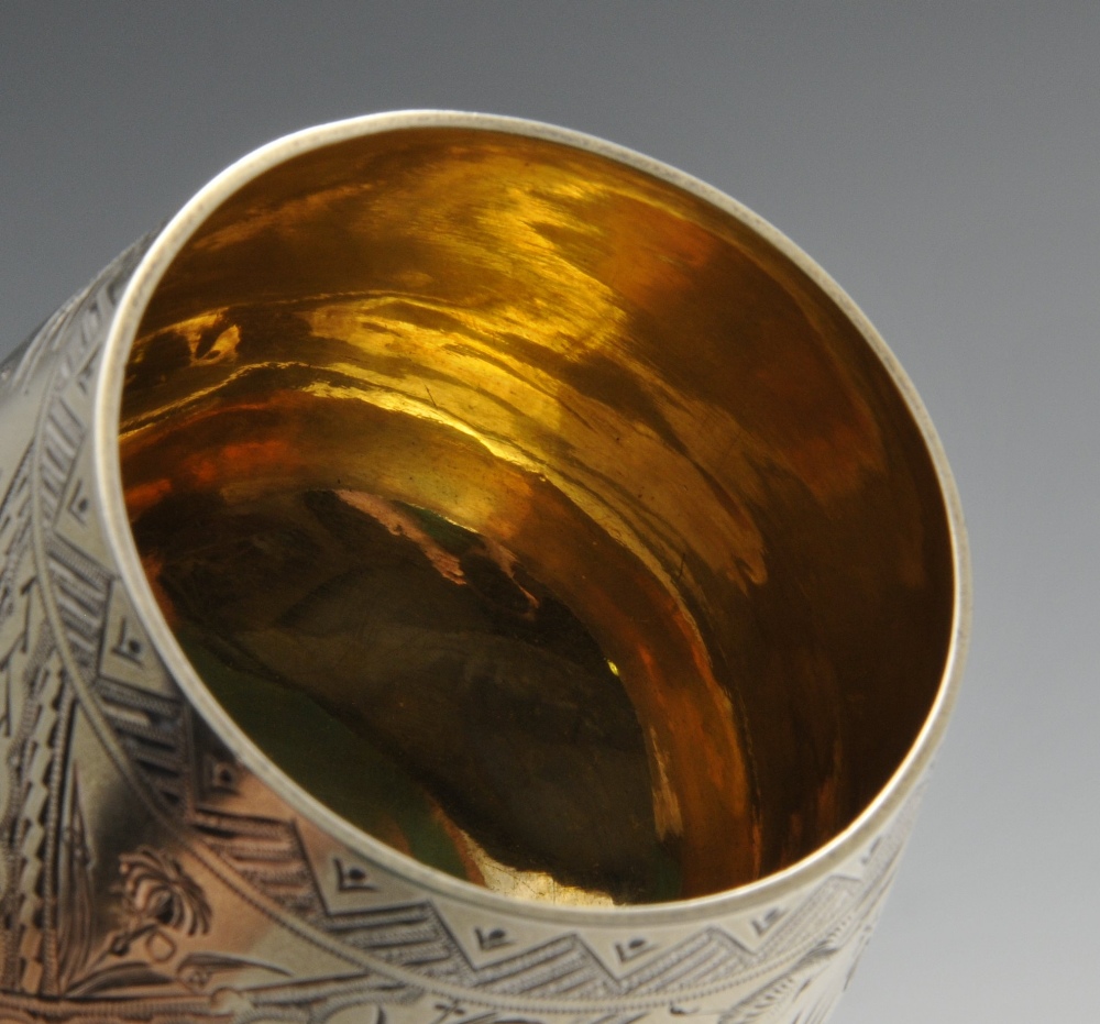 A Victorian Aesthetic Period silver-gilt goblet, the body engraved with scenes of herons amongst - Image 4 of 5