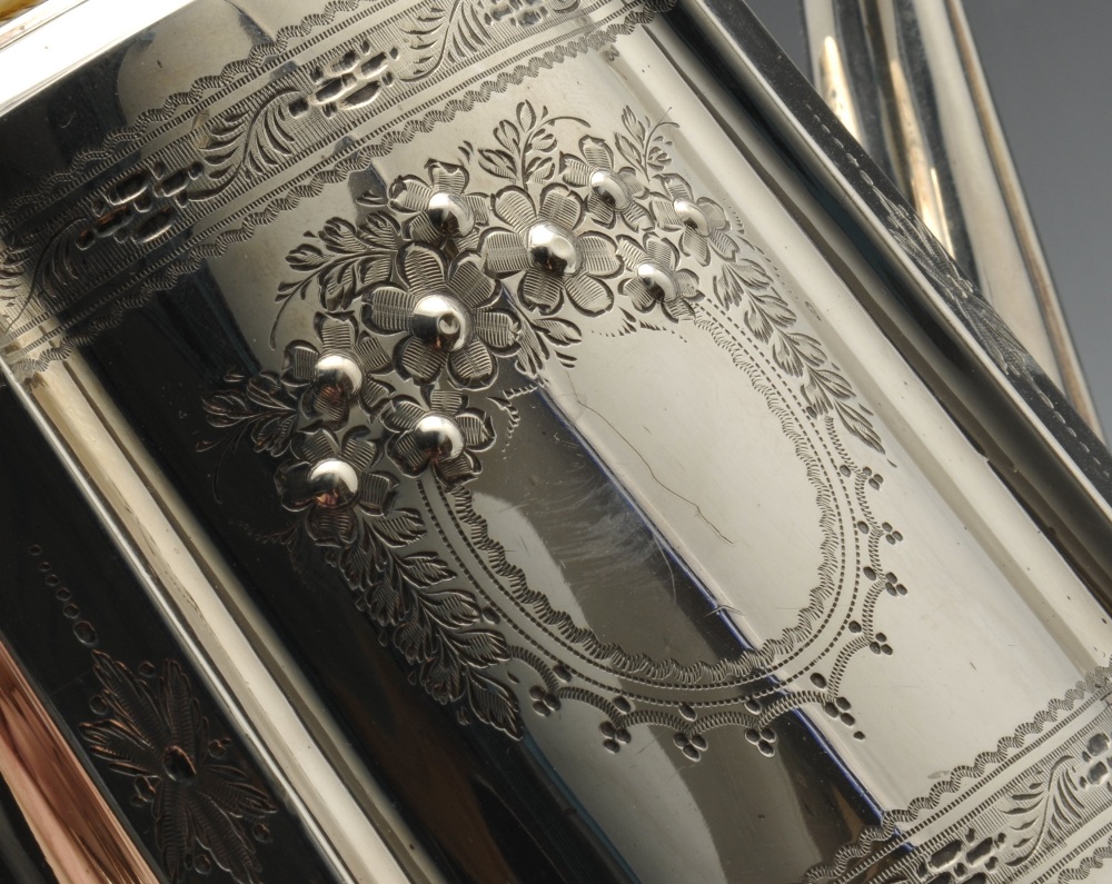 An Edwardian silver three piece tea service of tapering cornered oval form, bright-cut borders and - Image 3 of 8