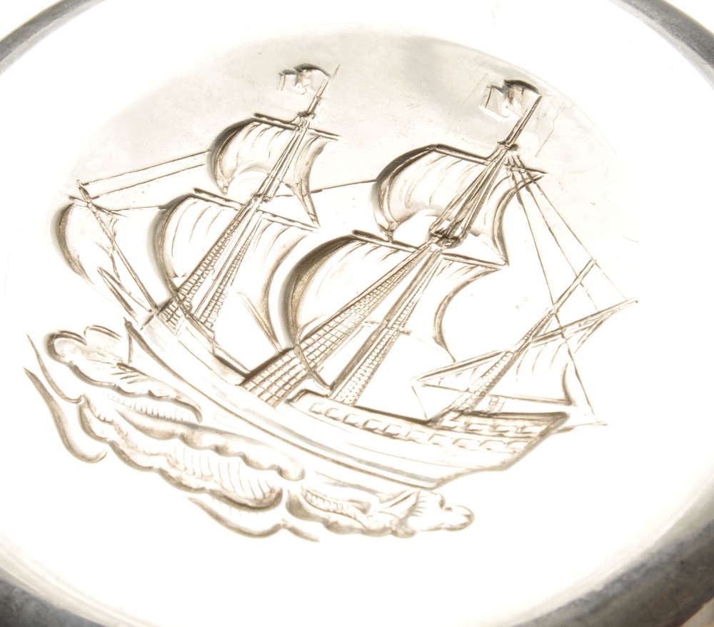 A modern silver Armada dish, the conventional form with central embossed depiction of a ship. - Image 4 of 4