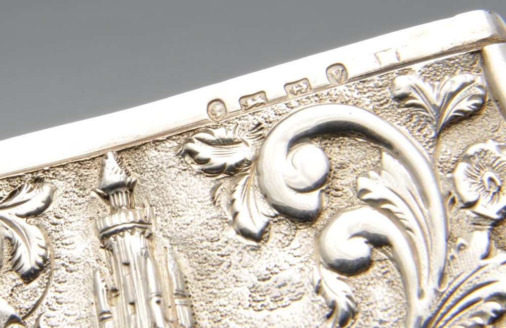 A Victorian silver castletop card case depicting the Scott Memorial within floral scroll surround. - Image 2 of 5