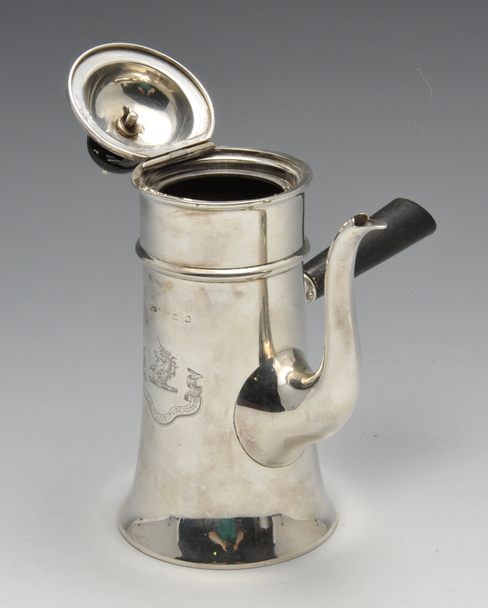 An Edwardian silver cafe-au-lait pot, the tapered body, crested and flared at the base rising to the - Image 3 of 4