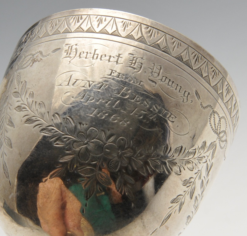 A Victorian silver goblet engraved with floral swags and presentation inscription. Hallmarked H J - Image 2 of 4