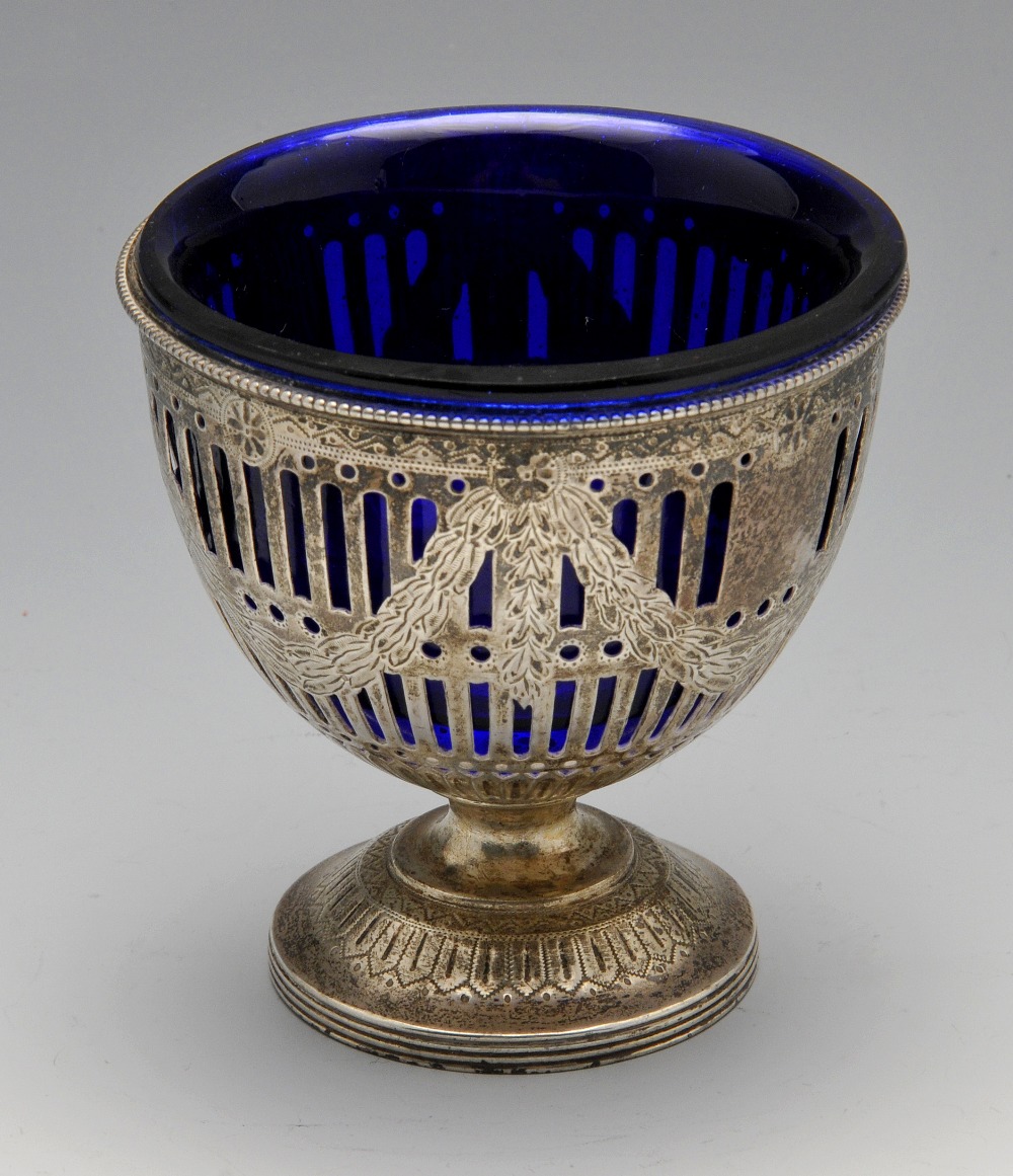 A Victorian silver sugar dish, the conical form with vertical pierced decoration embellished with