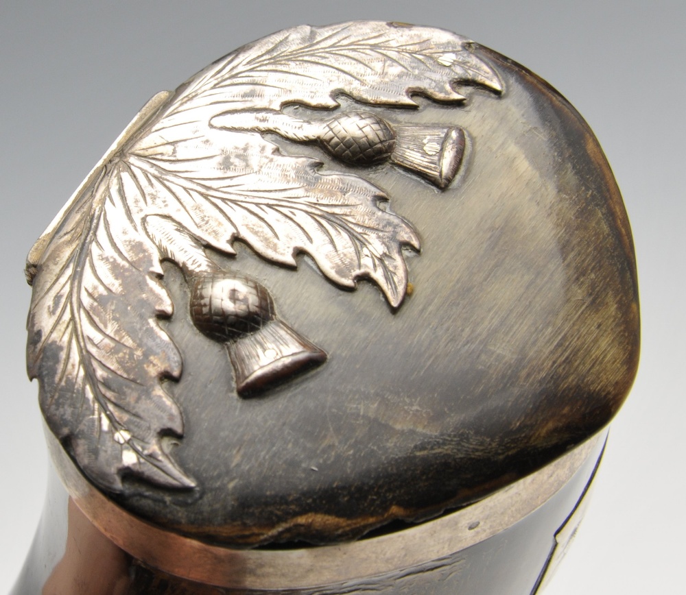 A Scottish horn snuff mull, the hinged cover with silver plated thistle mounts and applied crested - Image 2 of 5