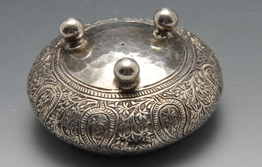 A pair of Eastern white metal open salts, of squat cauldron form having frilled rim above a - Image 6 of 6