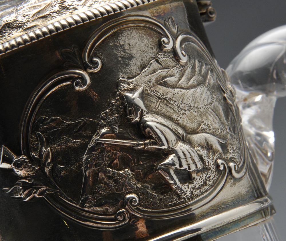 A Victorian silver mounted glass claret jug, of cylindrical form with a bulbous base and rope - Image 2 of 8