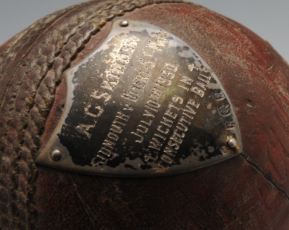 A 1930's silver mounted cricket ball raised upon tri-form stand. Hallmarked London 1930. - Image 2 of 5