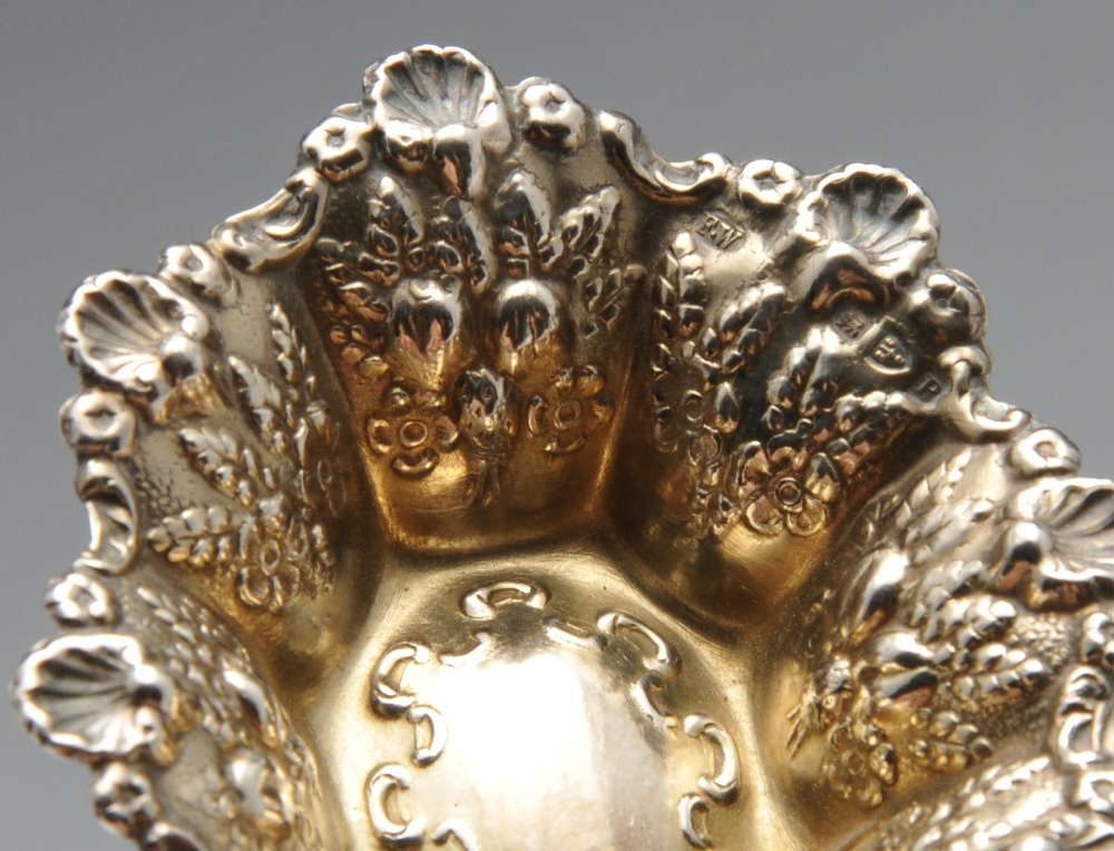 A pair of late Victorian small open salts, the lobed octagonal form embellished with fruiting and - Image 5 of 6