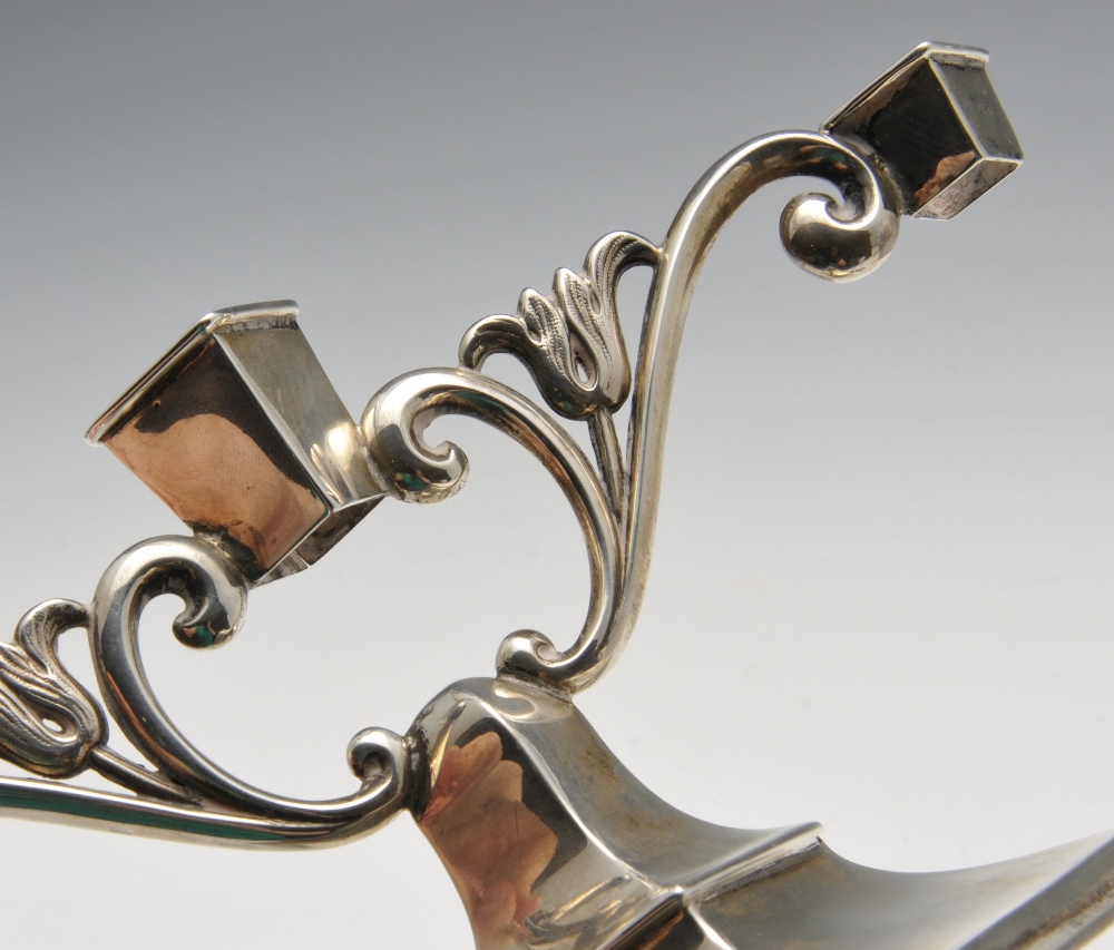 A George V silver epergne, the three removable square tapering vases supported on a scrolling - Image 3 of 6