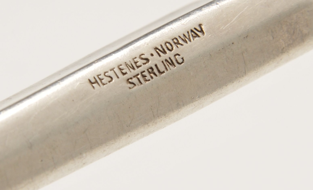 A Norwegian silver mounted cheese slice with tapered scroll embellished handle, marked Hestenes - Image 2 of 7