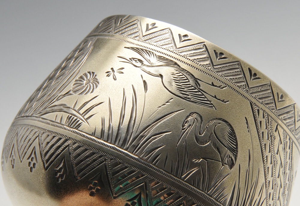 A Victorian Aesthetic Period silver-gilt goblet, the body engraved with scenes of herons amongst - Image 2 of 5