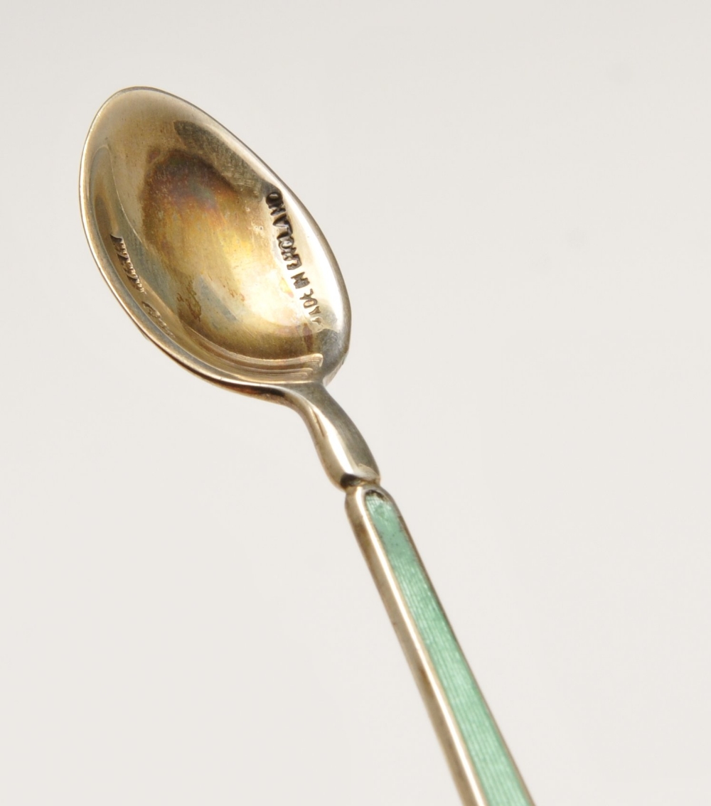 A cased set of six 1960's enamelled silver coffee spoons, decorated to the stems and bowls with - Image 3 of 6