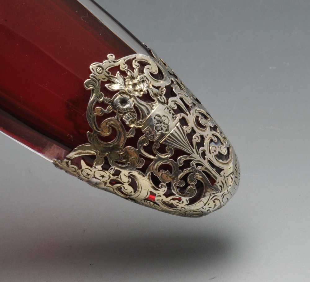 A French scent bottle, the cranberry glass body of tapered form and overlaid with scroll open-work - Image 3 of 6