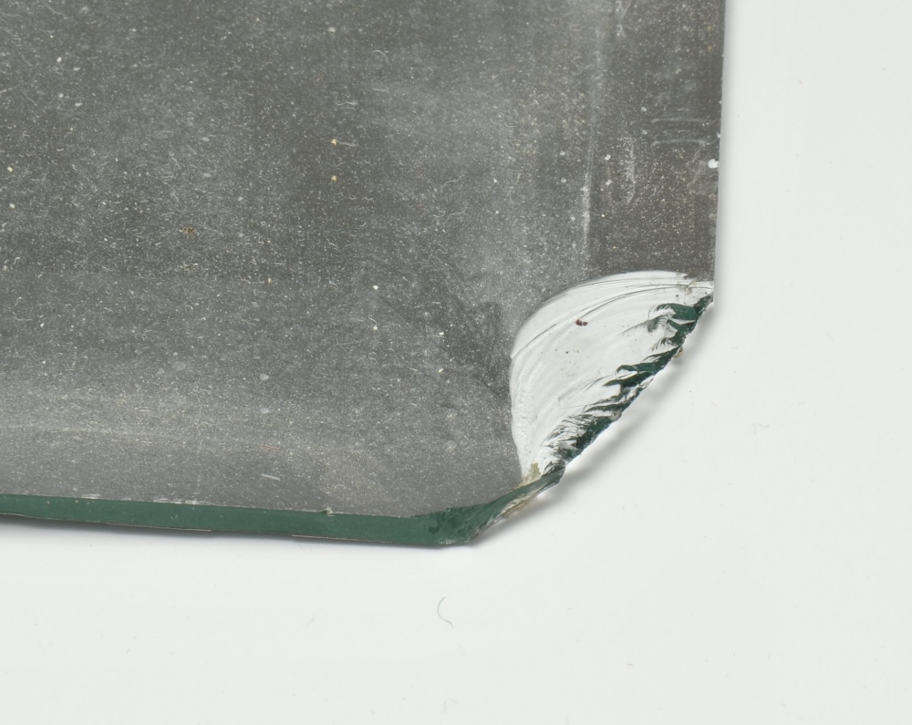 A large white metal fronted mirror, the rectangular shaped bevelled mirror, within a dark stained - Image 3 of 4