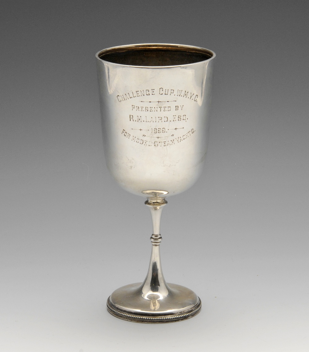 A Victorian silver presentation goblet, the plain form with inscription and standing on a knopped