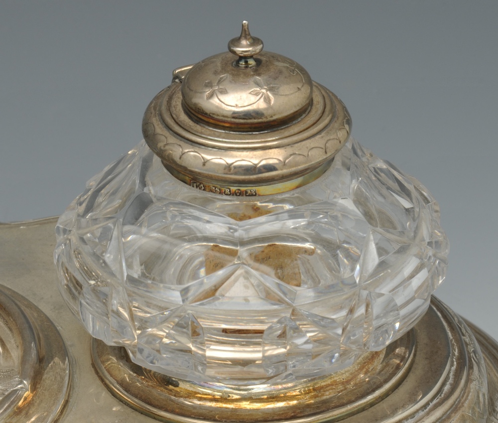 A mid-Victorian silver inkstand of shaped rectangular outline, decorated with a border of foliate - Image 4 of 13