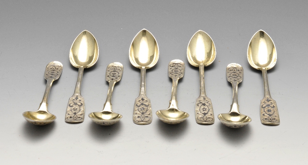 A set of eight mid-nineteenth century Russian silver spoons, each in a Fiddle style pattern with