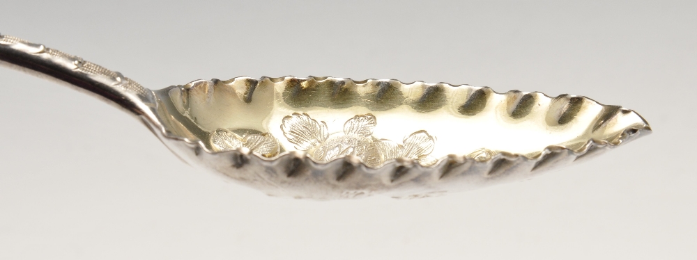 A pair of George III silver berry spoons, the silver-gilt fruiting embossed bowls with frilled - Image 4 of 6