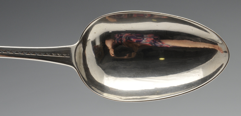 A pair of George III silver basting spoons in Old English pattern, each stem with bright-cut - Image 5 of 6