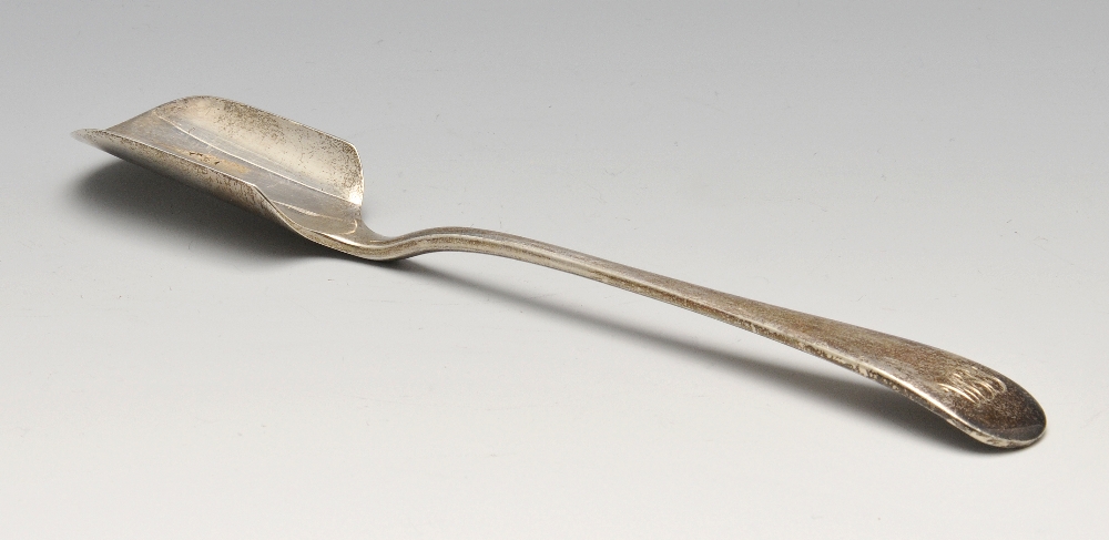 A 1920's silver cheese scoop in Old English style pattern with monogrammed terminal. Hallmarked