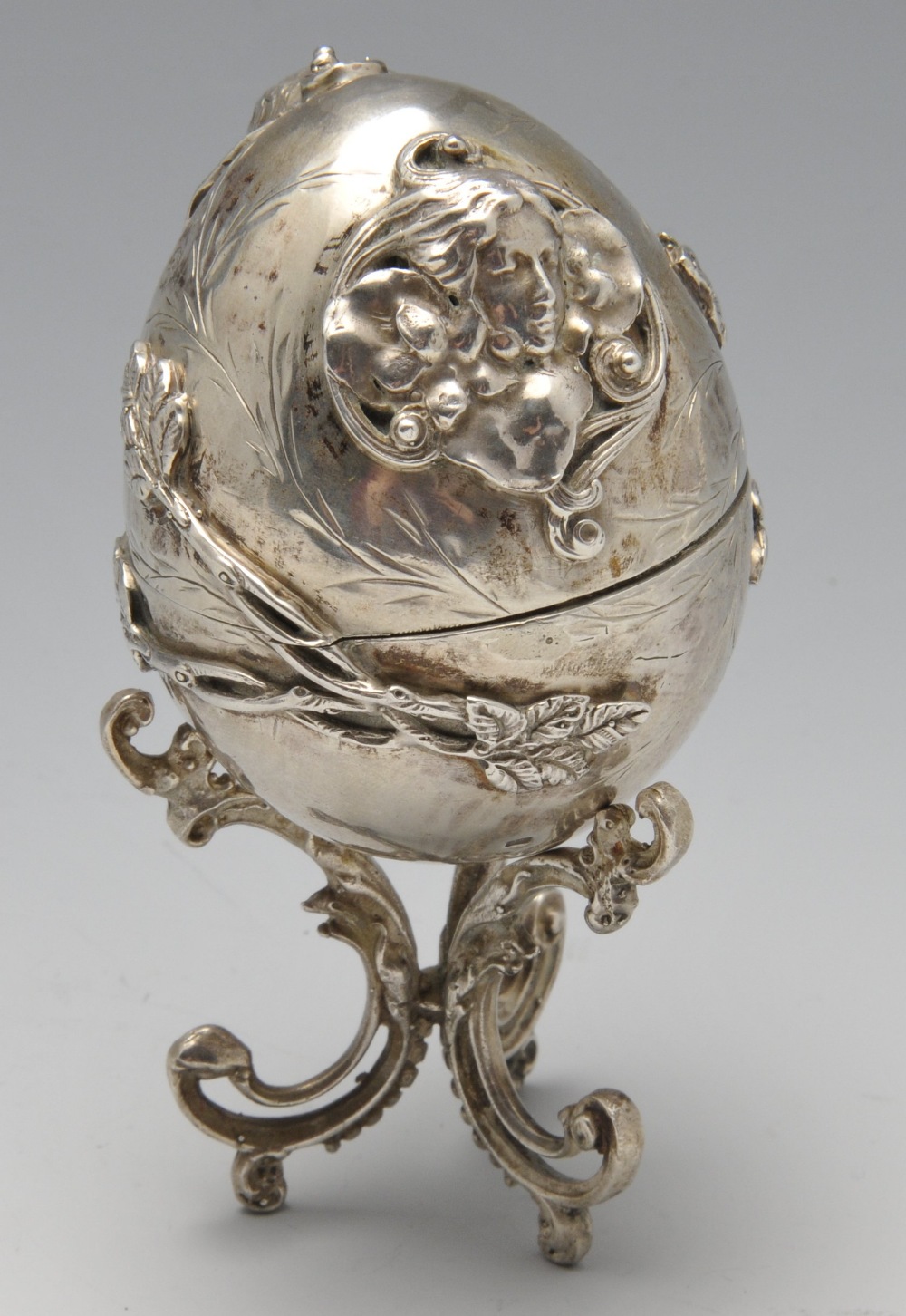 A late nineteenth century Eastern European egg ornament on stand, applied decoration of twin opposed - Image 2 of 7