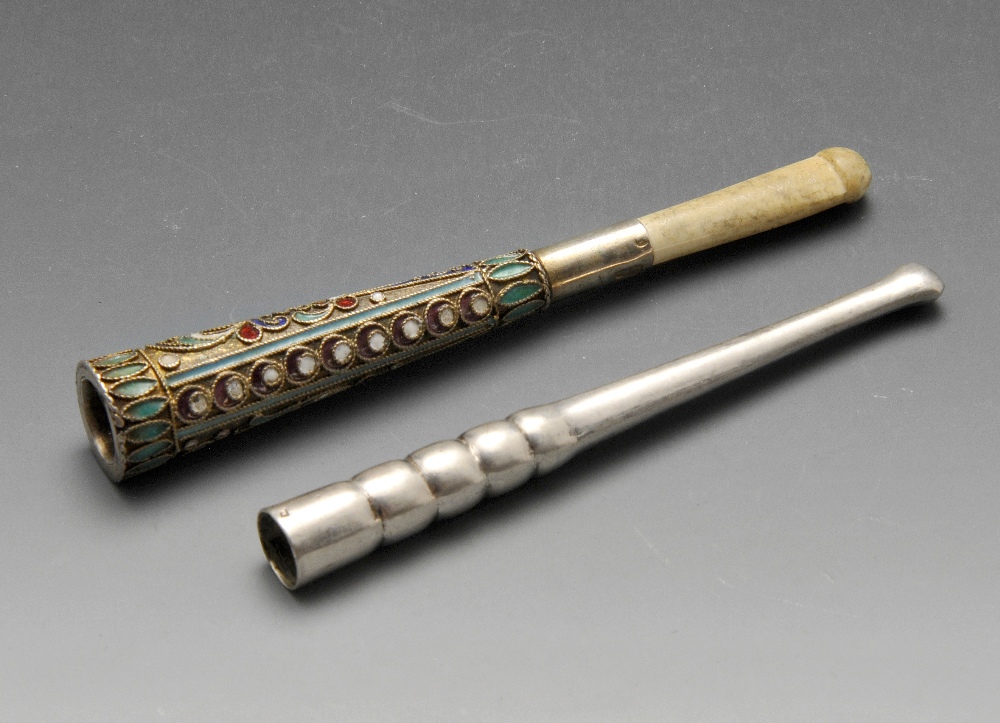An early twentieth century Russian imported silver cigarette holder, the tapered form with cloisonnÚ