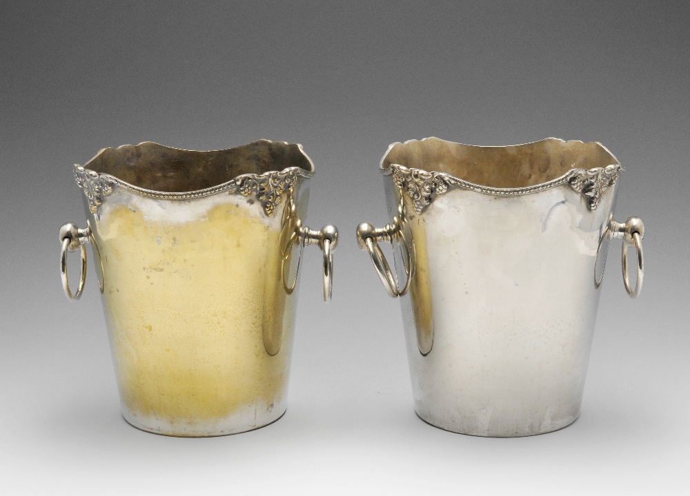 A pair of silver plated ice or wine cooler buckets, each with applied fruiting vine and beaded rim