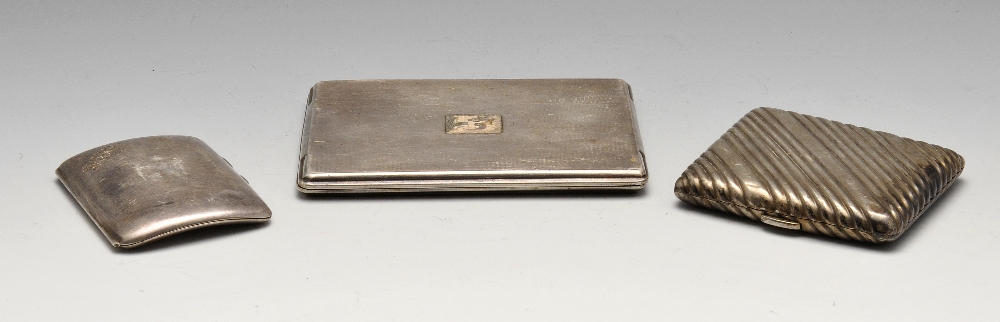 A Continental silver cigarette case having diagonally reeded exterior, marked MS beside further