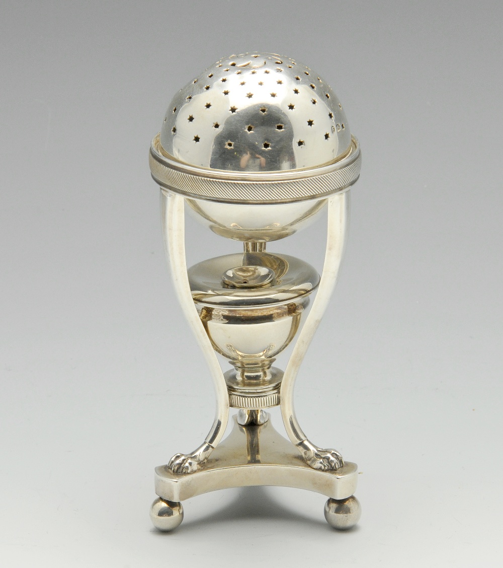 A late Victorian silver pomander/oil burner, the detachable spherical pomander with star cut