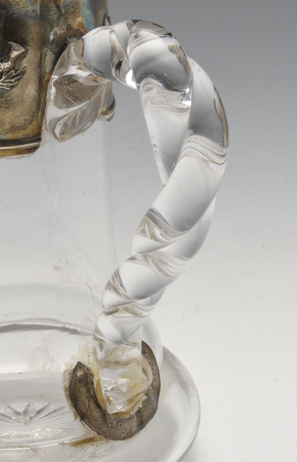 A Victorian silver mounted glass claret jug, of cylindrical form with a bulbous base and rope - Image 8 of 8