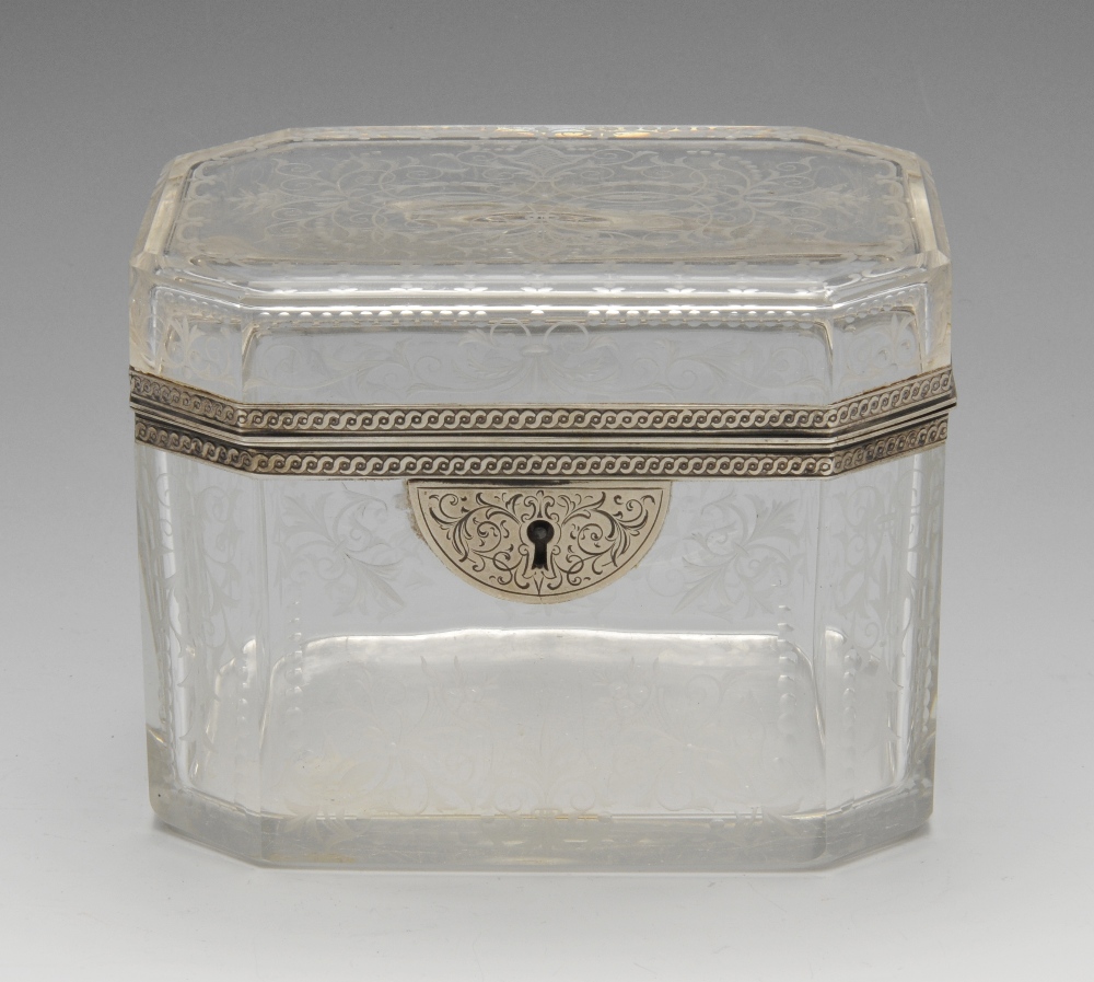 A mid-nineteenth century Austrian silver mounted cut glass casket or caddy, the rectangular form