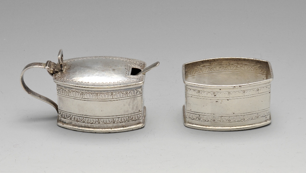 A 1930's open salt and mustard pot with spoon, by Liberty & Co., each of bulging rectangular form