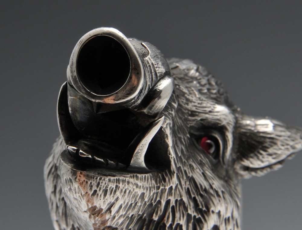 An Austrian silver mounted boar tusk cigar cutter, circa 1900, the realistically modelled boars head - Image 8 of 9