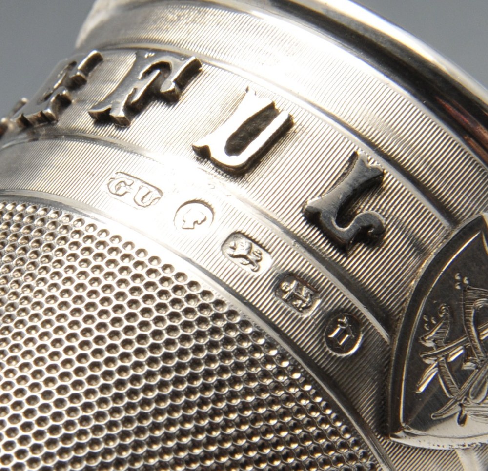 A cased Victorian silver novelty shot cup modelled as a thimble, with raised lettering 'Just a - Image 4 of 6