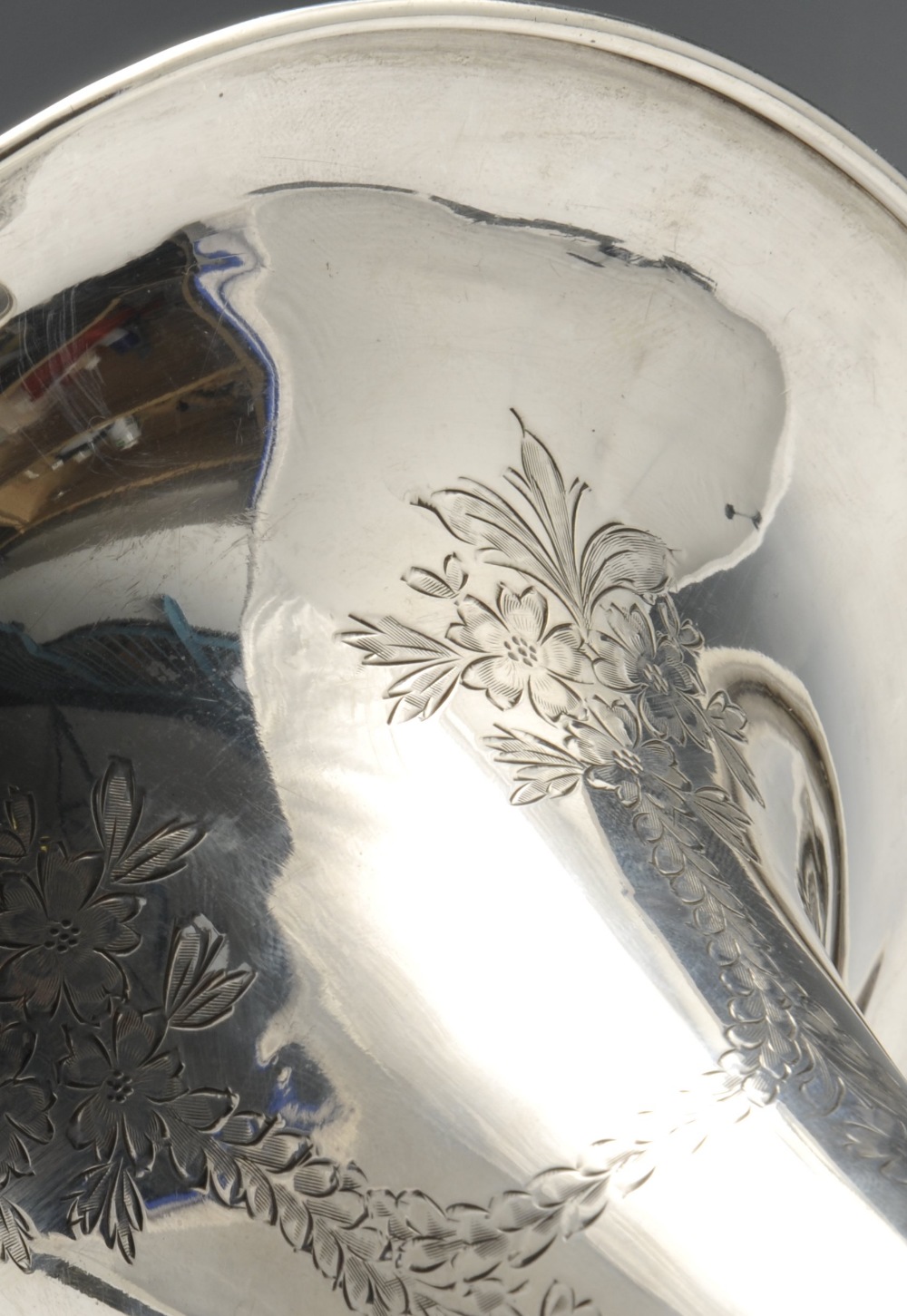 A pair of Tiffany & Co. silver vases, the tapering bodies with floral garland engraving and monogram - Image 4 of 5