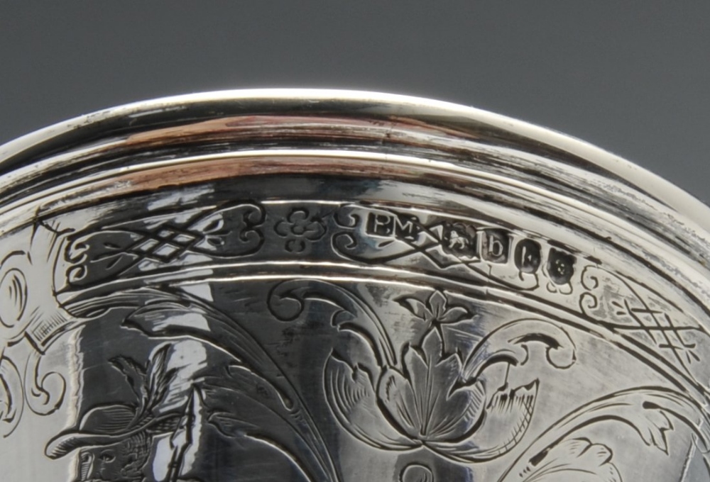 A late nineteenth century imported silver hunting cup and cover, the conical body engraved with - Image 3 of 6