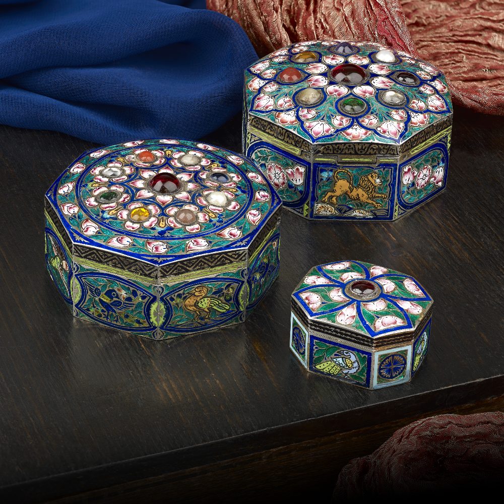 A selection of three similar Indian pandan or betel boxes, comprising an octagonal example set