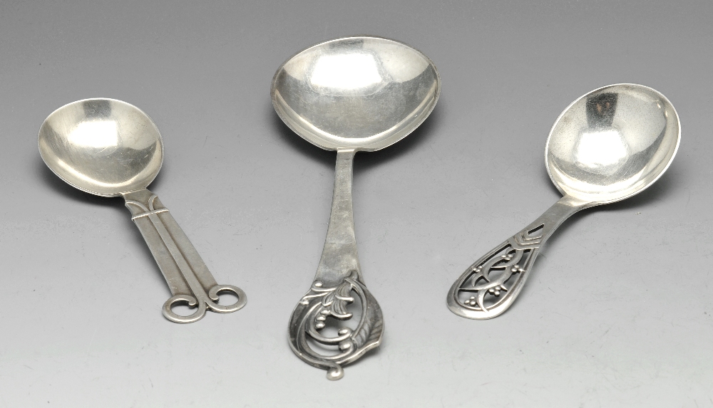 Two 1930's handmade Danish silver caddy spoons, Danish assay marks for 1933 and 1937. Together